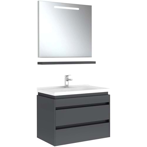 Idea 2.0 (Durabad) 80Cm Set Parlak Antrasit (Lavabo+Çift Çekmeceli Lavabo Dolabı+Aydınlatmalı Ayna Dolabı)