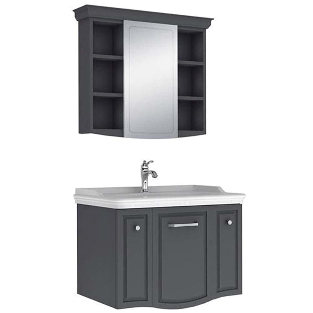 Arte+ 80 Cm Set (Lavabo+Lavabo Dolabı+Ayna) Mat Antrasit (Krom)